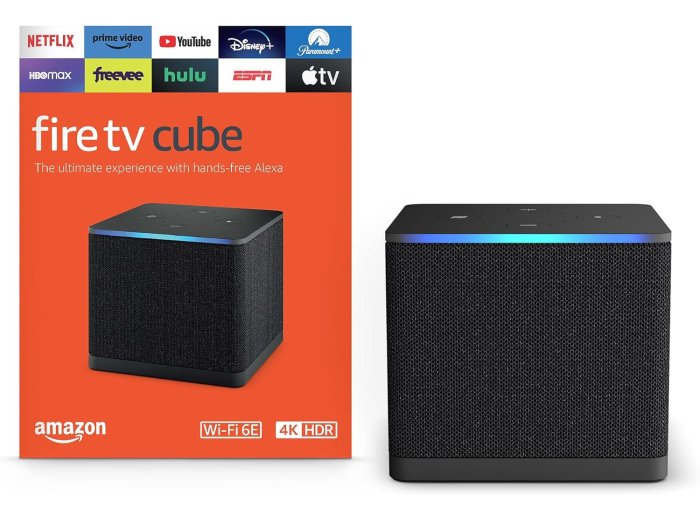 Amazon Fire TV Cube, with AI-powered Fire TV Search, Hands-free streaming device with Alexa, Wi-Fi 6E, 4K Ultra HD